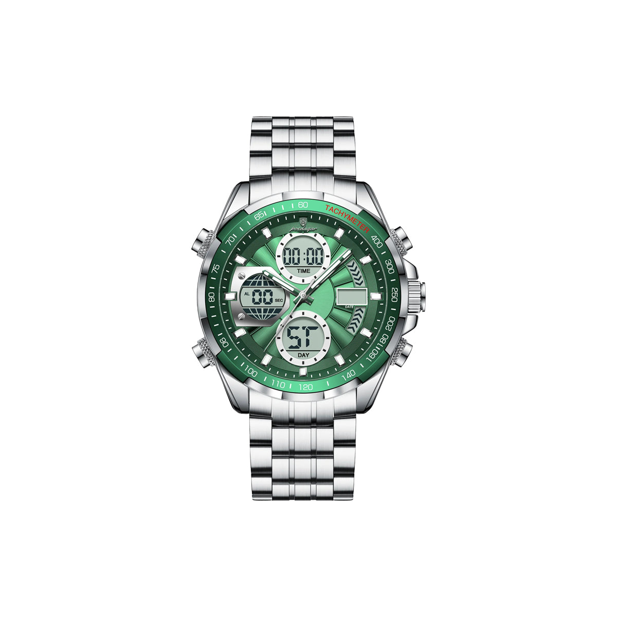 Green digital watch with silver metal strap on a white background