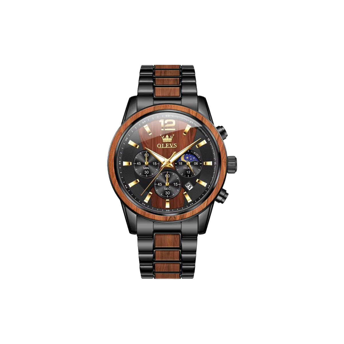 OLEVS 3645 Men's Wooden Chronograph Watch – Elegant & Waterproof