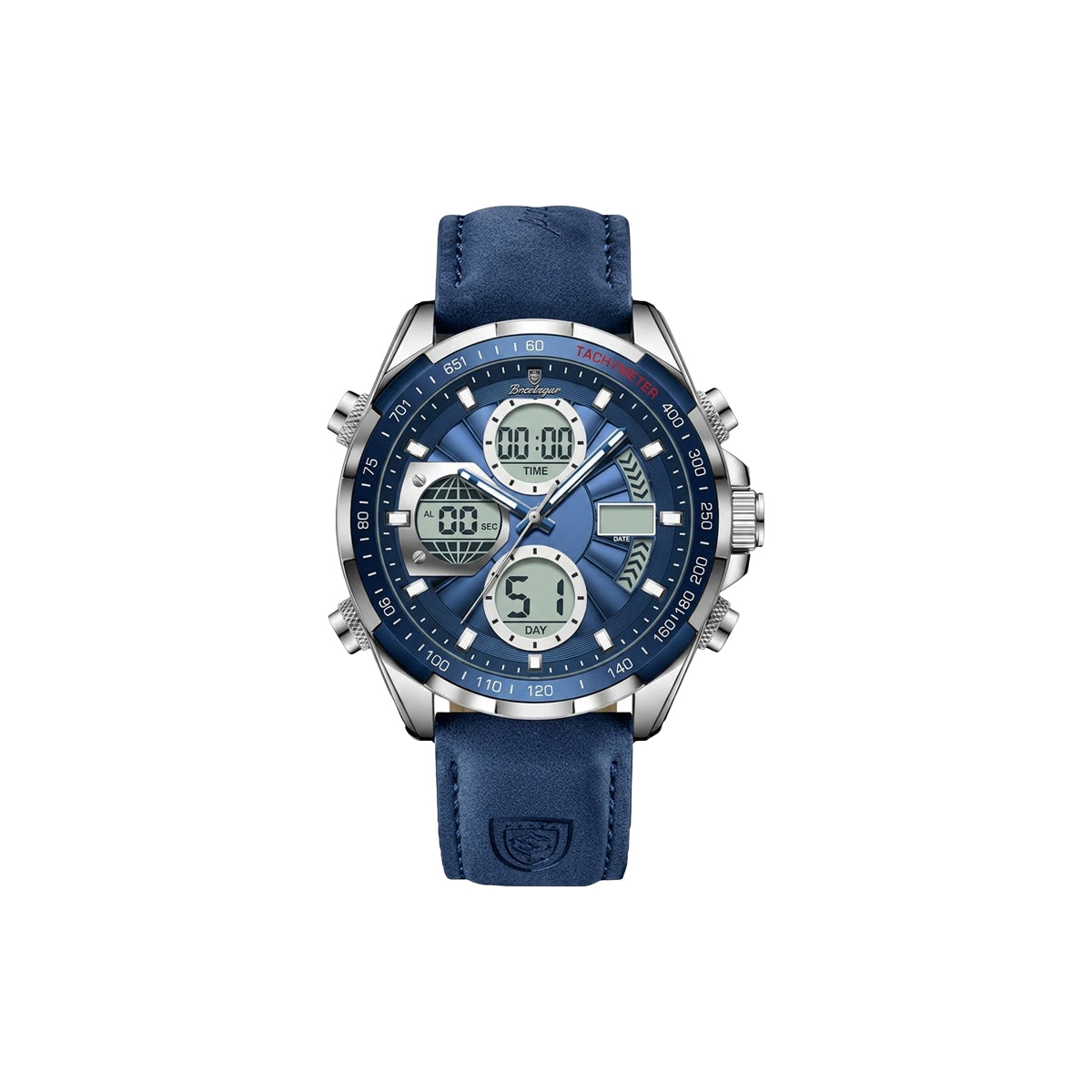 Blue wristwatch with digital and analog display on a white background