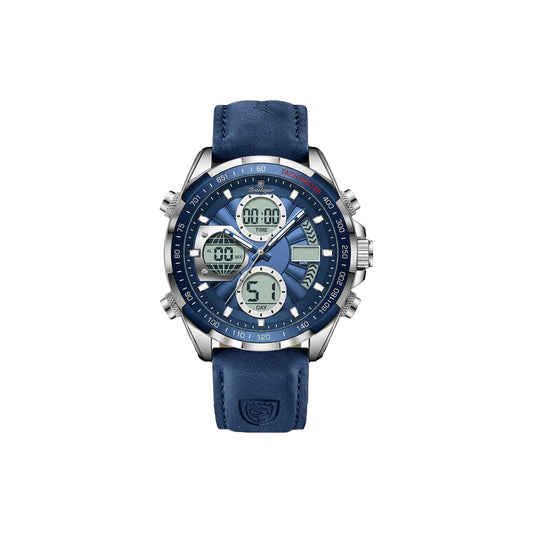 Blue wristwatch with digital and analog display on a white background