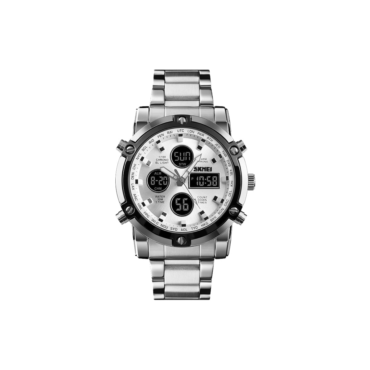 SKMEI 1389 Men’s Sports Analog-Digital Quartz Watch Silver White – Waterproof Fashion Wristwatch