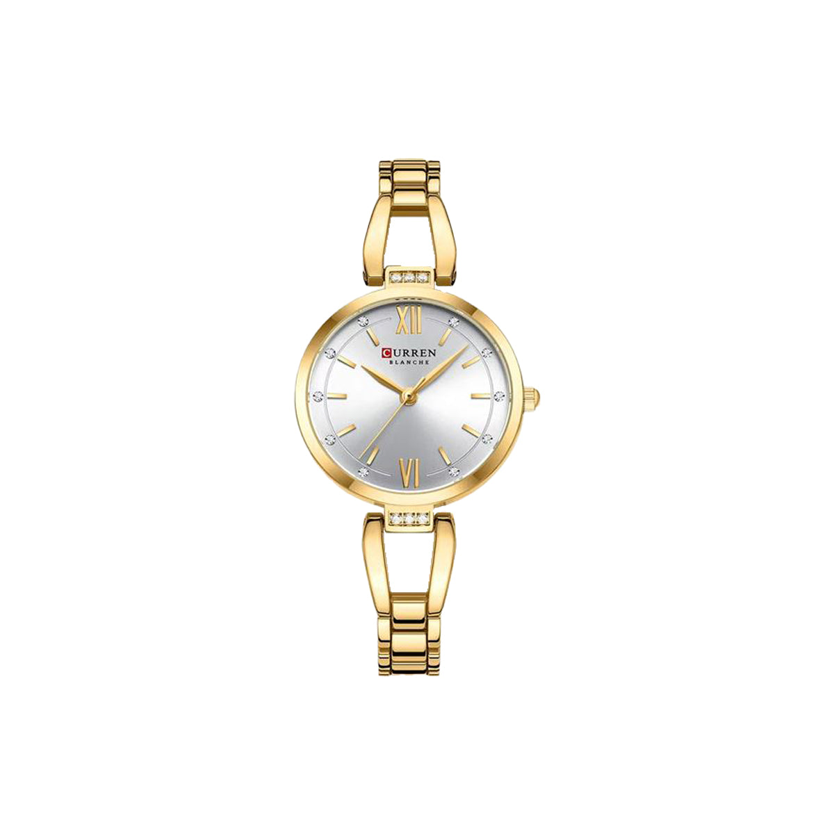 Gold wristwatch with a silver dial on a white background