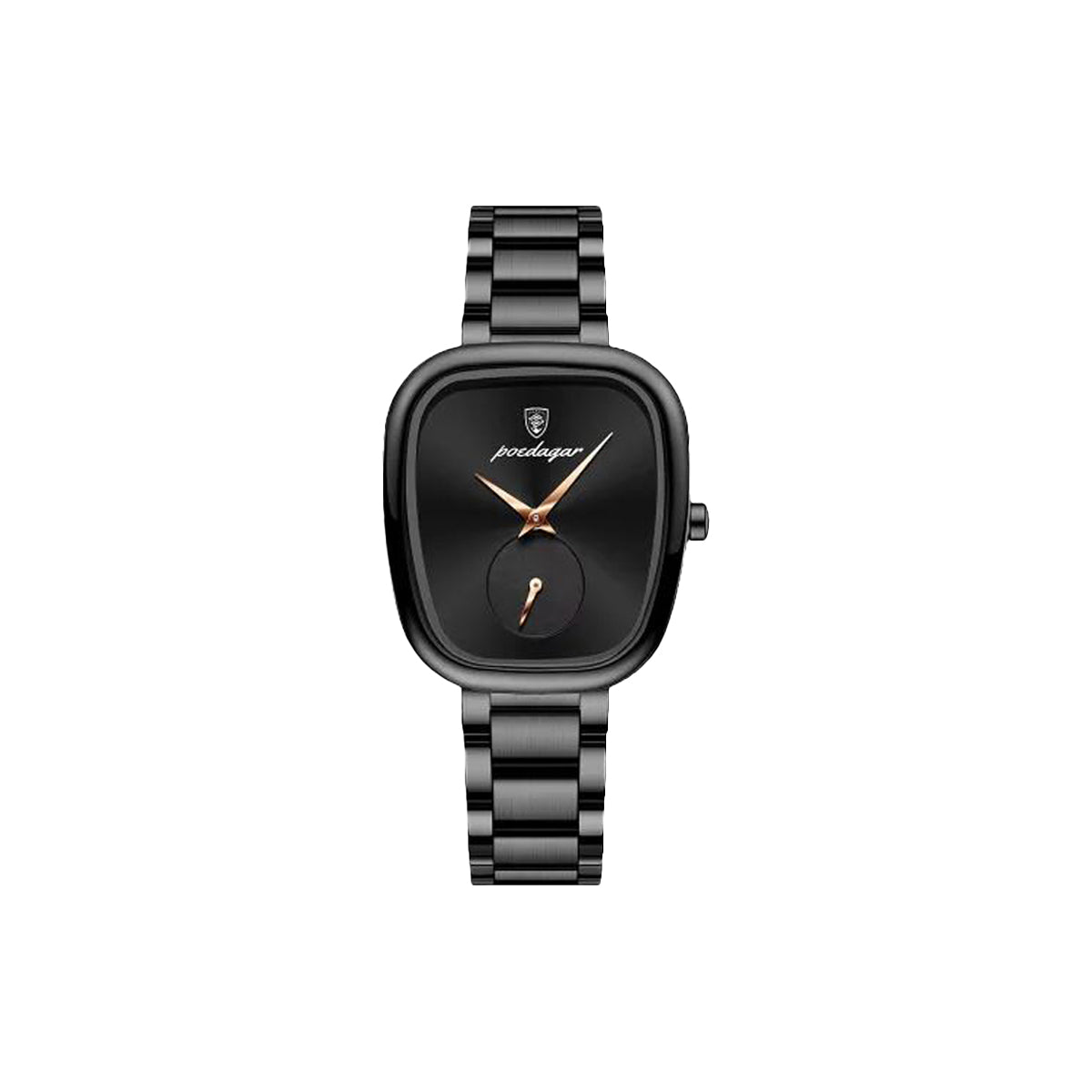 Black watch with a brand logo on a white background