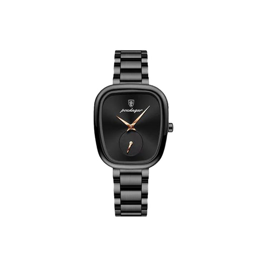 Black watch with a brand logo on a white background