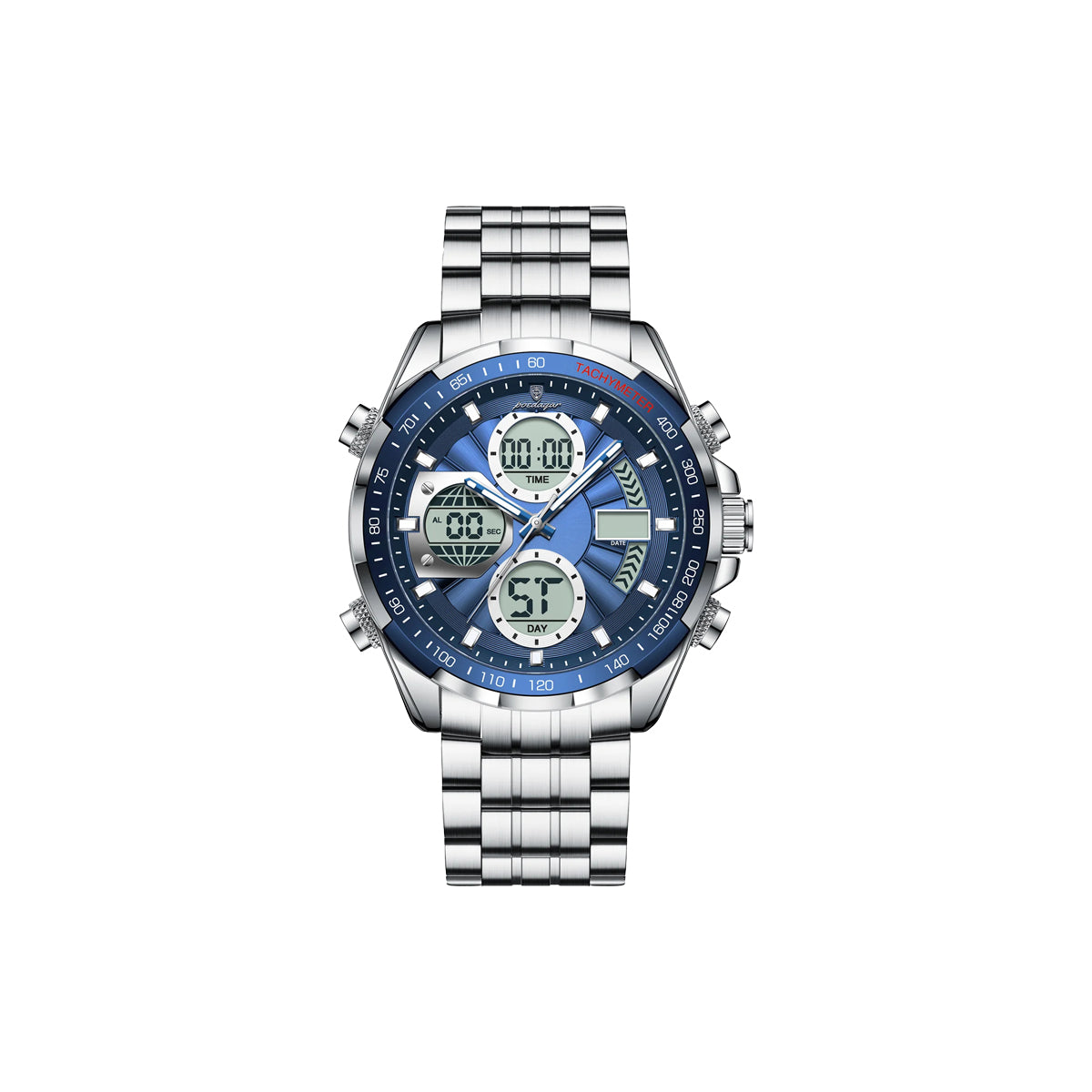 Silver and blue digital wristwatch on a white background