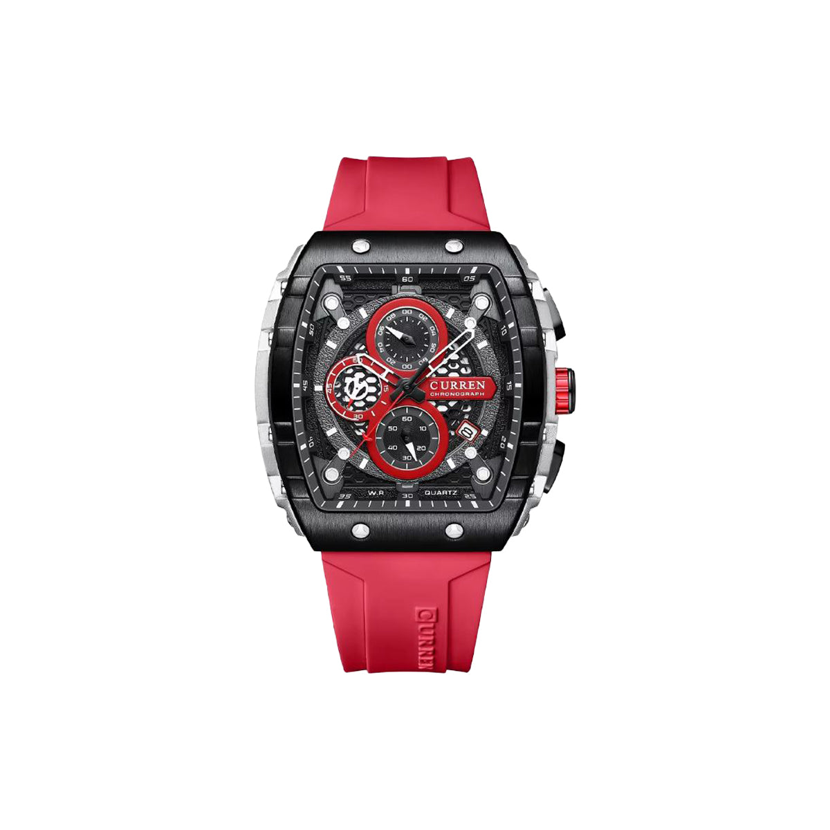 Watch with red strap and black face on a white background
