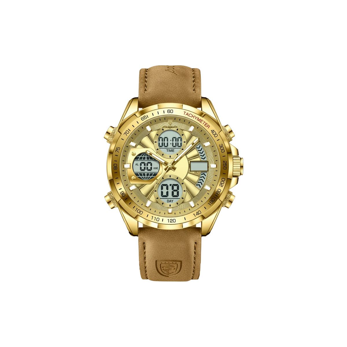 Gold wristwatch with brown leather strap on a white background