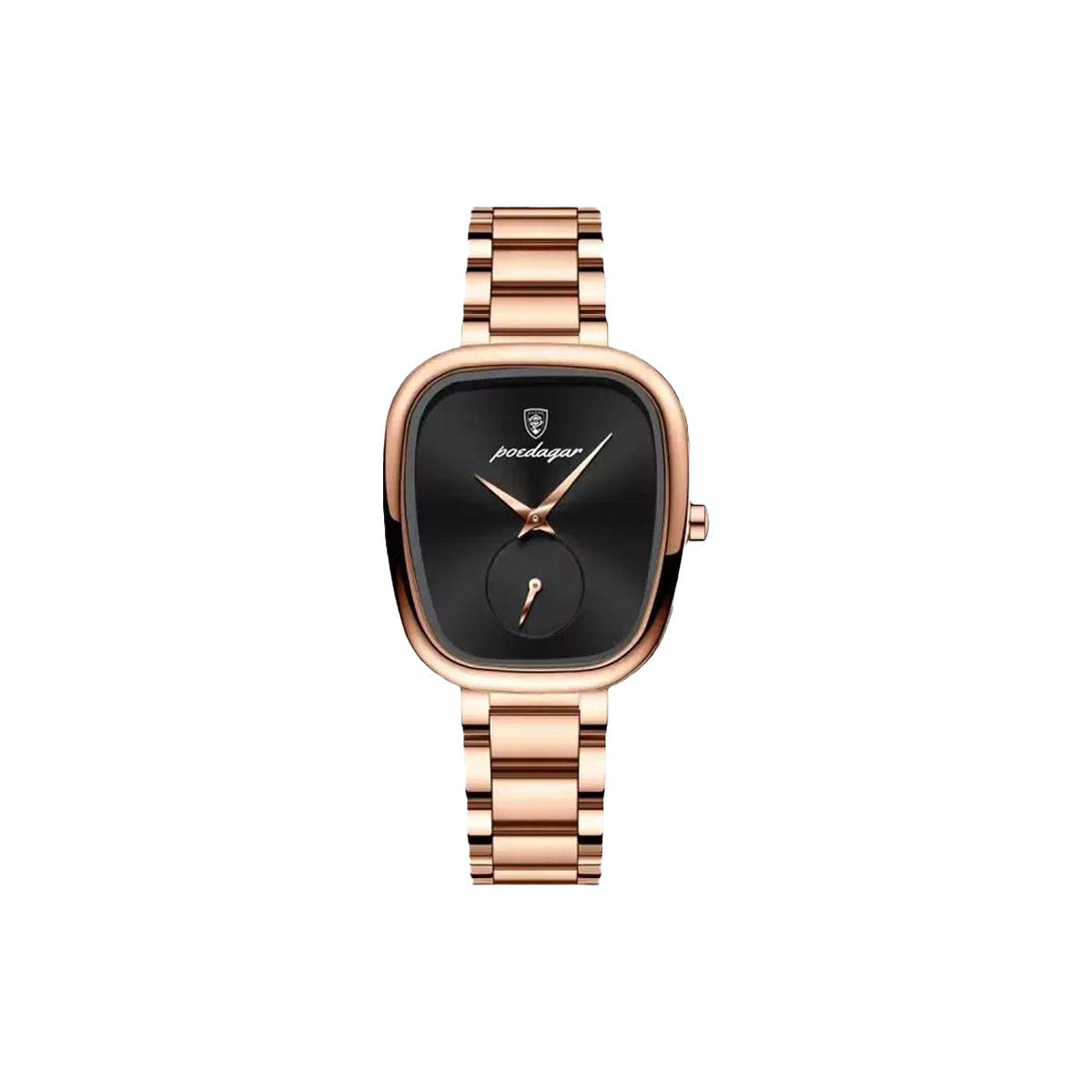Rose gold watch with black face on a white background