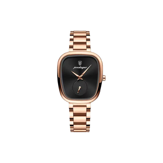 Rose gold watch with black face on a white background