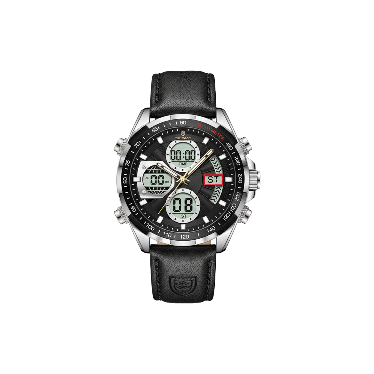 Black digital watch with leather strap on a white background