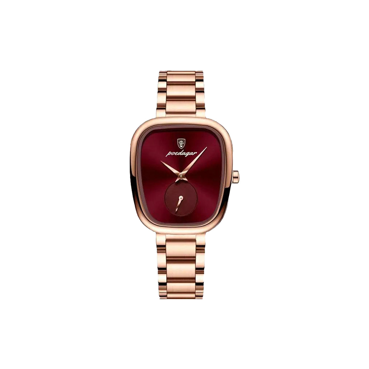 Watch with rose gold strap and red face on a white background