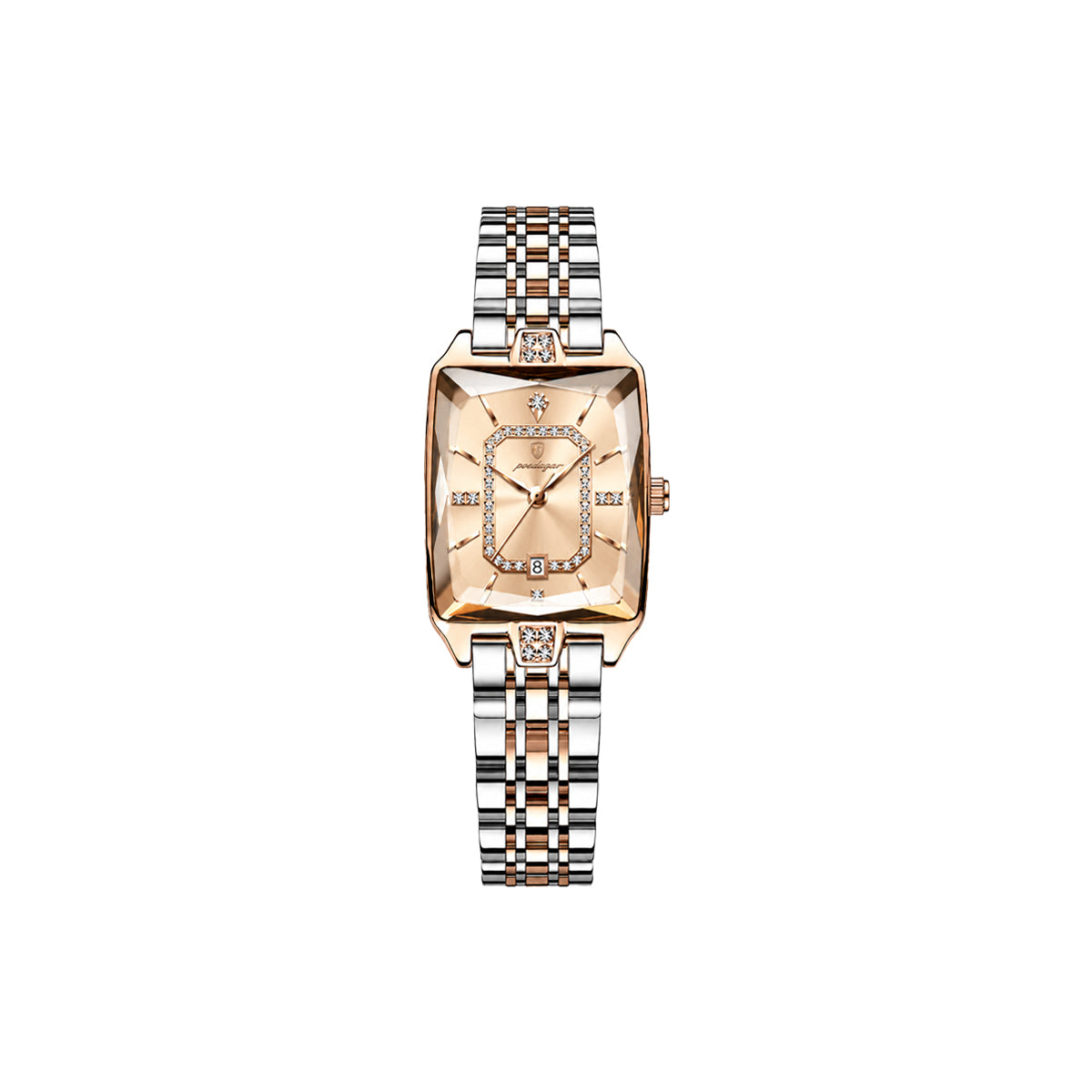 Luxury watch with rose gold and silver metal band on a white background