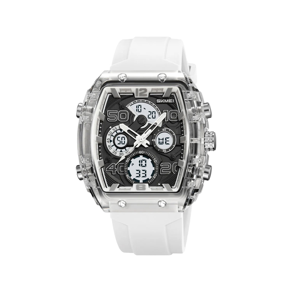 SKMEI 2603 Men’s Tonneau Digital Sports Watch Translucent white– Chrono Waterproof LED Wristwatch