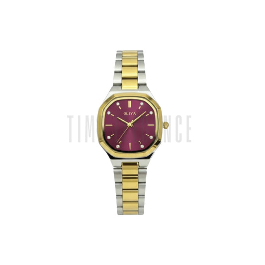 OLIYA 831 Women’s Polygon Quartz Watch Maroon Dial – Stainless Steel Strap Analog Wristwatch