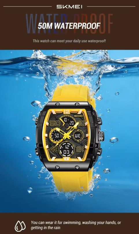 SKMEI 2603 Men’s Tonneau Digital Sports Watch Translucent yellow– Chrono Waterproof LED Wristwatch