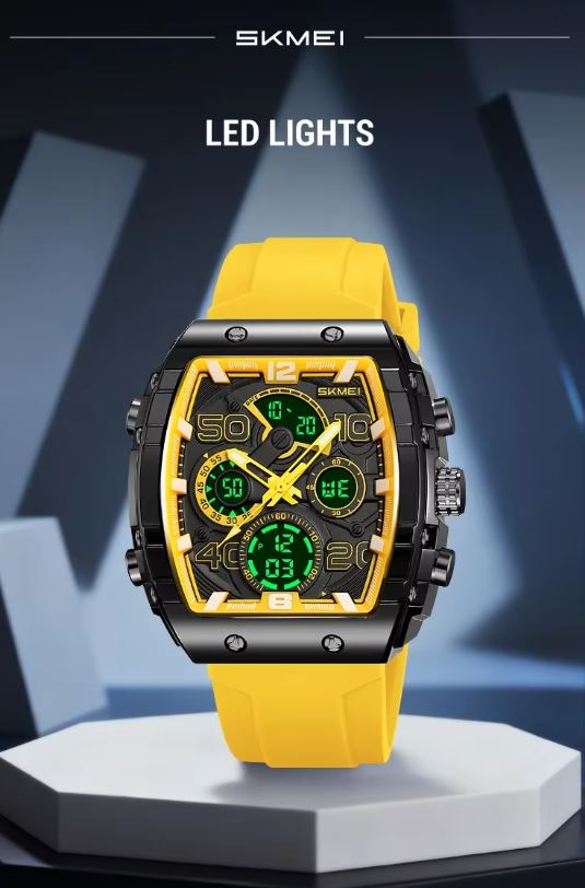 SKMEI 2603 Men’s Tonneau Digital Sports Watch Translucent yellow– Chrono Waterproof LED Wristwatch