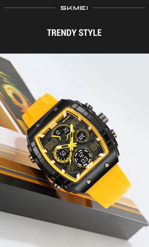 SKMEI 2603 Men’s Tonneau Digital Sports Watch Translucent yellow– Chrono Waterproof LED Wristwatch